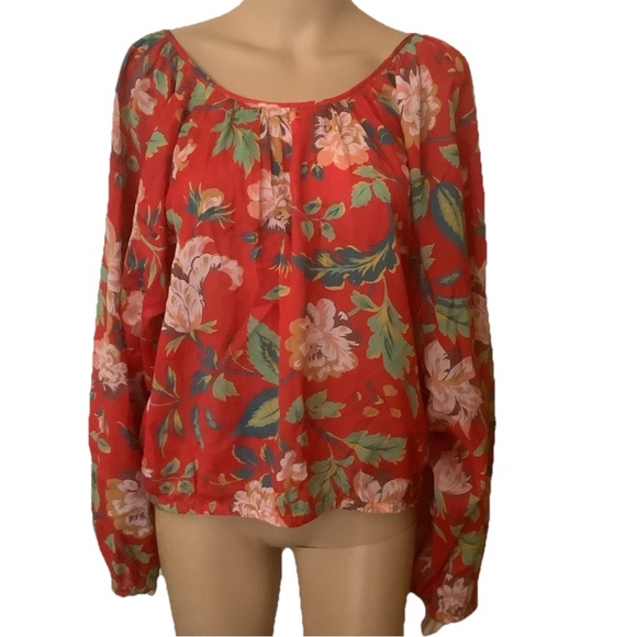 Maeve by Anthropologie Red Floral Peasant Blouse - Women's Top retro Sz L - Picture 3 of 13